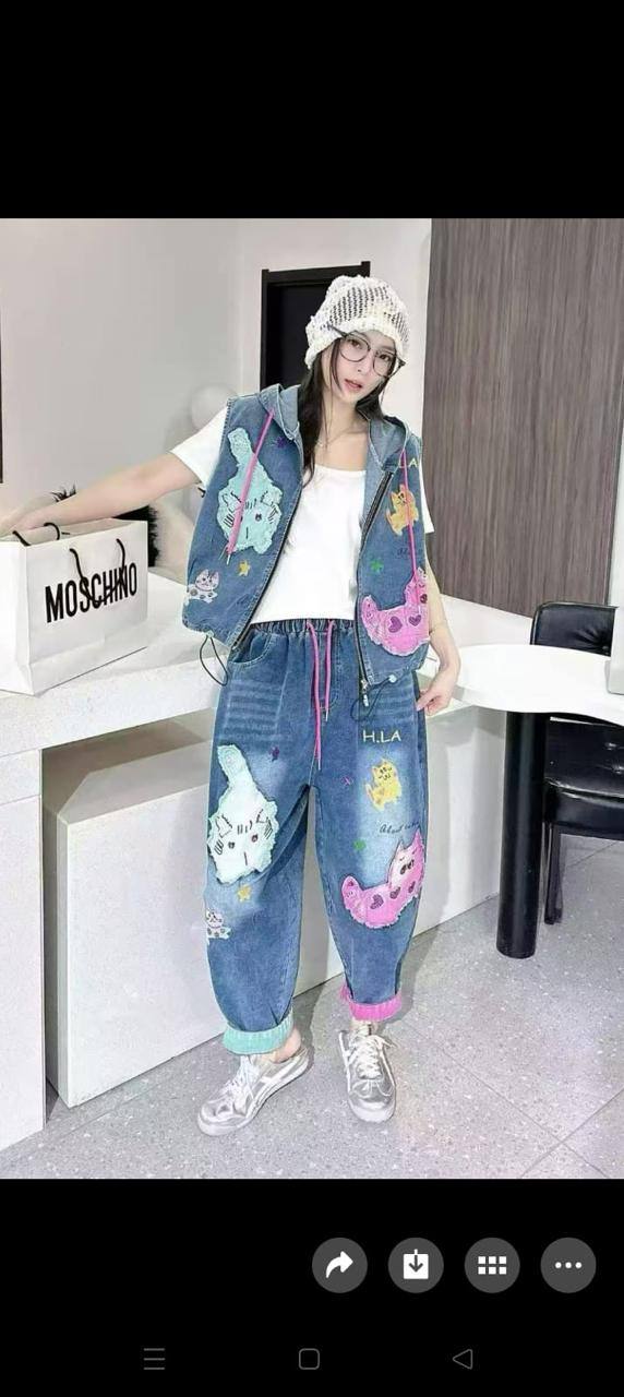 ONE SET VEST DENIM HOODIE CAT WITH PANTS